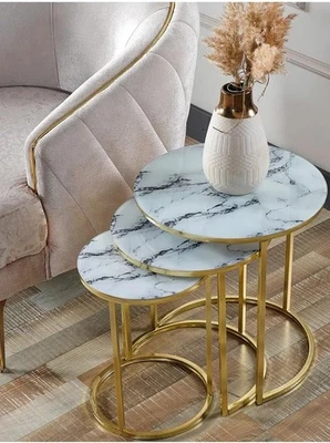 Round Nesting Coffee Side Tables Set Tempered Glass Top Space Saving 50cm - Image 1 of 4