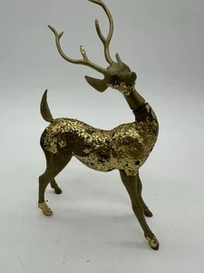 Vintage MCM Gold Glitter Reindeer Buck w Bell Hard Plastic Christmas 8" - Picture 1 of 5