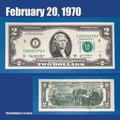 February 20, 1970 Birthday Anniversary $2 Two Dollar Bill Serial Number 02201970 - Image 1 of 2