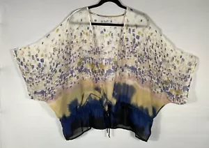 August Silk Kimono Womens Large Cream Yellow Blue Color Block Tie 3/4 Sleeves - Picture 1 of 7