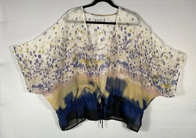 August Silk Kimono  Womens Large Cream Yellow Blue Color Block Tie 3/4 Sleeves - Image 1 of 4