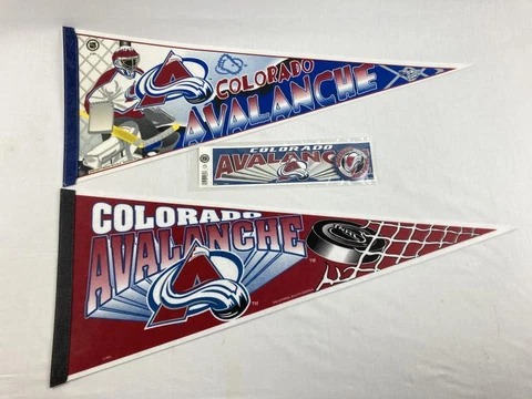 Lot of 4 Vintage Colorado Avalanche Souvenirs 2 Pennants 1 Button 1 Decal Sleeve Cover