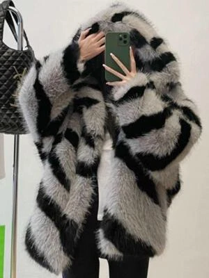 Womens Winter Chic Zebra Patterned Hooded Thicken Faux Fox Fur Short Coat Jacket - Image 1 of 4