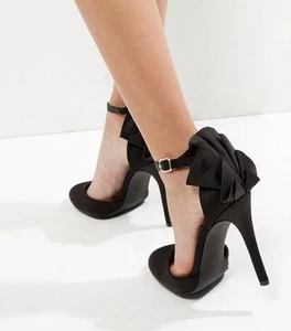 Black Satin Frill Trim Ankle Strap Heels - Picture 1 of 4