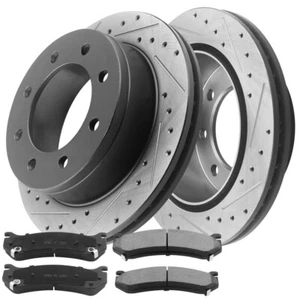Rotores de freno de taladro trasero y pastillas de freno para 01-10 Chevy GMC Silverado Sierra 2500HD - Imagen 1 de 5