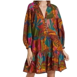 Farm Rio Leopards Jungle Minidress Long Sleeve Swing Ruffle Boho Colorful Medium - Picture 1 of 13