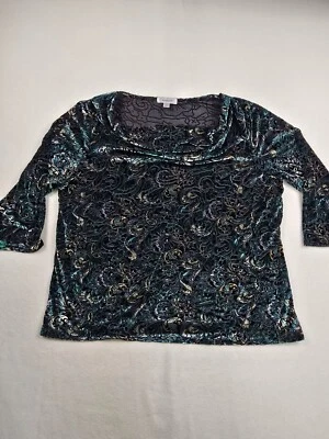 Dressbarn Womens 2X Black & Teal Velvet Burnout 3/4 Sleeve Top Whimsigoth - Image 1 of 4