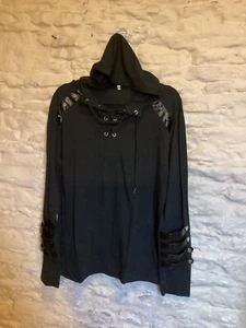Hooded Black Lace Up Steampunk Medieval Gothic Shirt Top Cosplay size L - Picture 1 of 8