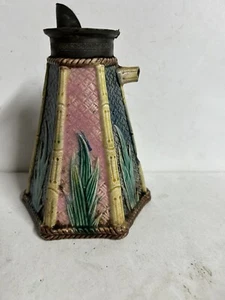 19th C. Griffin, Smith & Hill ETRUSCAN Majolica BAMBOO Pewter Top Syrup Pitcher - Picture 1 of 12