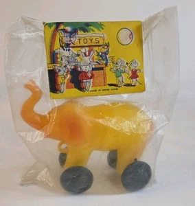 VTG Toys NOS Yellow Elephant On Wheels  Sealed in PKG Made In Hong Kong 1970's - Picture 1 of 9