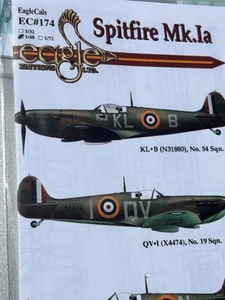 EAGLE CALS DECAL # EC48-174 1/48th SCALE SUPERMARINE SPITFIRE Mk 1a DECAL - Picture 1 of 2