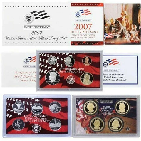 2007-S Complete SILVER Proof Set w Box and COA and Sleeve - 14 Coins Cover