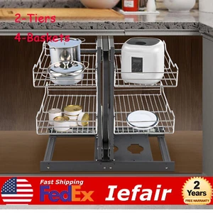 Kitchen Pull Out Organizer 2-tier Pull Basket Blind Corner Cabinet Storage Shelf - Picture 1 of 20