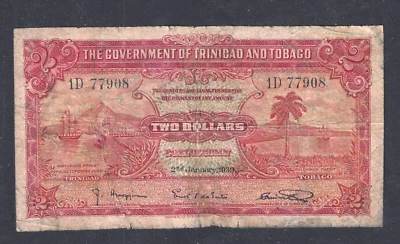 1939 TRINIDAD & TOBAGO $2 DOLLARS ~ P-6b ~ SCARCE TYPE - Image 1 of 2