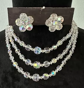 Juego de aretes clip collar 3 hilos cristal vintage Estate Aurora Borealis AB - Imagen 1 de 13