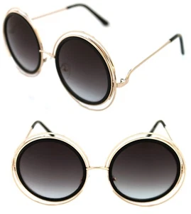 XXL Damen große runde Boho Halo Coachella Doppelrand Sonnenbrille gold schwarz 70er - Bild 1 von 12