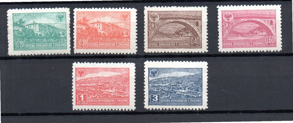 Conjunto definitivo de selos "Berat, Labint" da Albânia 1945 (Michel 379/84) MNH - Imagem 1 de 1