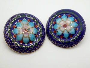 Orecchini Vintage Blu Scuro Cloisonne Smalto Clip On Fiore Disco Floreale - Foto 1 di 7