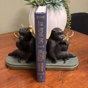 Vintage Black MONKEY BOOKENDS Green/Gold Base Bombay? Resin-6”x5”-2 - Picture 1 of 15