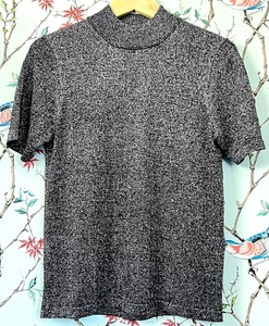 Vtg Black Silver Top Sparkly Lurex Silk Blend Knit Soft Stretch 6th Sense S 8 10 - Picture 1 of 12