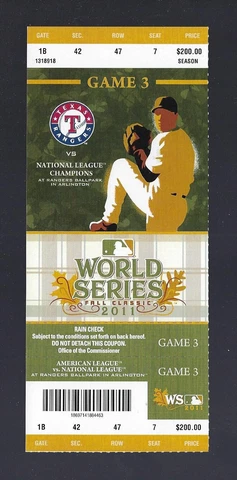 ALBERT PUJOLS 3 HRS - 2011 WORLD SERIES CARDINALS @ RANGERS FULL TICKET GAME #3 Cover