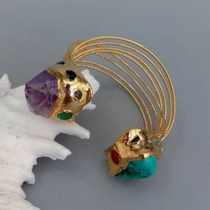 Natural Purple Amethyst Druzy Green Turquoise Gold Plated Bangle Bracelet - Picture 1 of 6