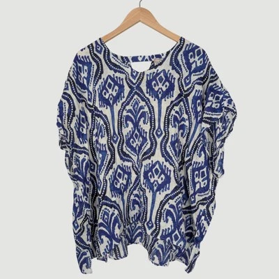 Blusa Poncho Top CHICO'S Azul Blanco Lino Ikat Talla L/XL Foto 1 de 4