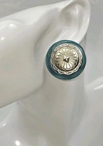 Vintage Southwestern Style Concho Button Post Earrings Silver Tone & Turq Color - Picture 1 of 16