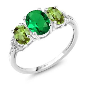 10K White Gold Simulated Emerald Peridot and Diamond Engagement Ring For Women - Picture 1 of 4