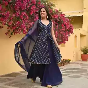 Indian Bollywood Tunic Kurti Set Women Party Wear Kurta Sharara Dupatta Set - Picture 1 of 5