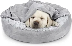 Hooded Small Dog Bed with Cozy Blanket, Donut round Calming Pet Bed - 23 Inch, M - Picture 1 of 7