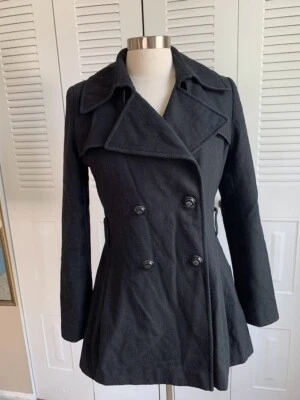 Abrigo para mujer Via Spiga negro mezcla de lana doble botonadura guisante talla 6 Foto 1 de 4