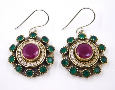 12.60 GM 925 Argento Sterling Sintetico Multi Taglio Pietra Bicolore Orecchino - Immagine 1 di 4