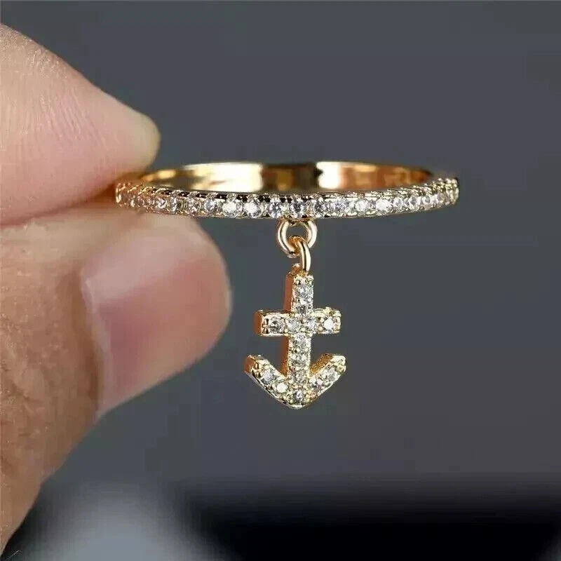 Round Cut Simulated Diamond Stunning Anchor Dangle Ring 14k Yellow Gold Plated - Image 1 of 4