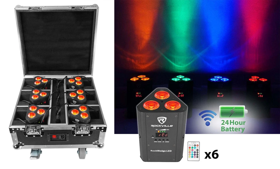 Rockville ROCKWEDGE PACKAGE BLACK (6) Battery Powered Wireless DMX Lights+Case - Image 1 of 4