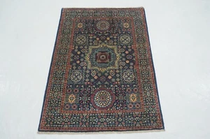 3 x 4 ft Navy Blue Mamluk Afghan Hand Knotted Wool Medallion Small Area Rug - Picture 1 of 14