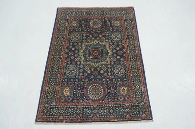3 x 4 ft Navy Blue Mamluk Afghan Hand Knotted Wool Medallion Small Area Rug - Image 1 of 4