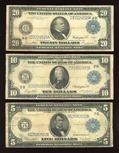 Set of 1914 $5 $10 $20 Federal Reserve Note Large Size Blue seal - Picture 1 of 2