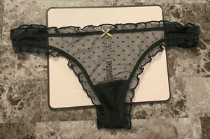 NWT VICTORIA'S SECRET GREEN POLKA DOTTED MESH RUFFLE GOLD BOW THONG PANTIES - Picture 1 of 4