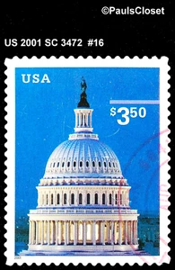 US 2001 SC 3472 $3.50 CAPITOL DOME USED NO GUM RED HANDSTAMPED CANCEL F/VF #16 - Picture 1 of 2