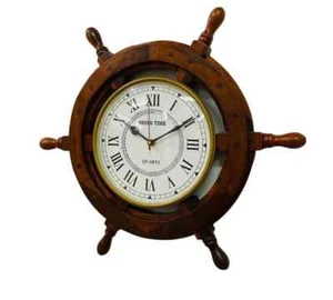 Reloj de pared antiguo de madera de 18 pulgadas con rueda de barco pirata artesanal premium regalo - Imagen 1 de 4