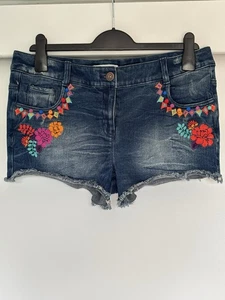 Next Women's Denim Shorts Size 12 Floral Embroidery and Pom Pom Pockets - Picture 1 of 16