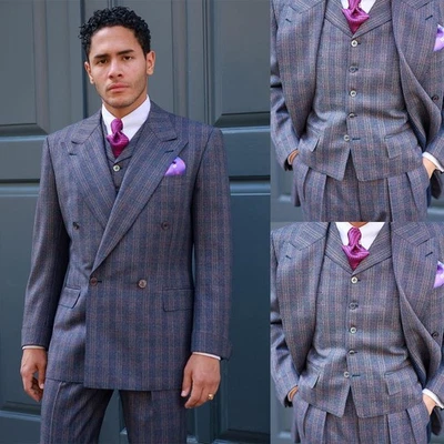 Striped Business Mens Suit Regular Fit Peak Lapel Outwear Work Casual Checked - Image 1 of 4