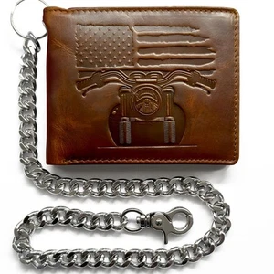 Patriotic Biker Wallet with Chain for Men - Distressed Brown Leather Wallet w... - Picture 1 of 7