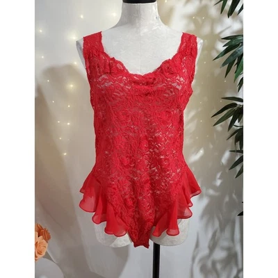 Vtg Victorias Secret 90s Sheer Lace Bow Ruffle Detail Teddy Bodysuit Size L Red - Image 1 of 4