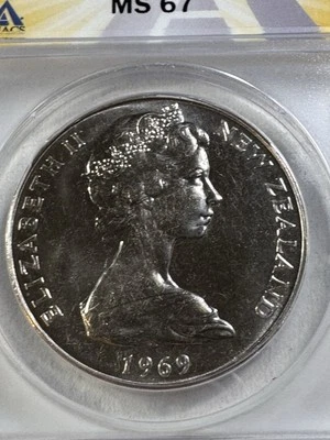 1969 New Zealand 1 Dollar Graded MS 67 by ANACS Low Mintage - Image 1 of 4