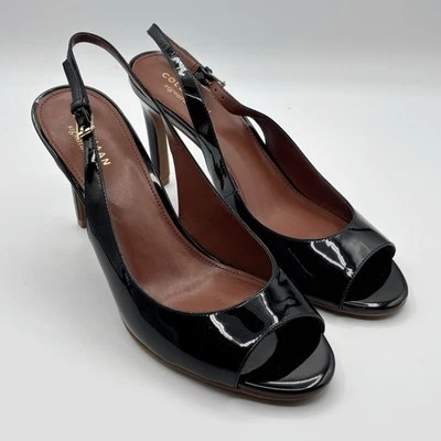 Cole Haan Juliana Patent Leather Slingback Pump Sz 8 Heels Peep Toe Black NEW - Image 1 of 4