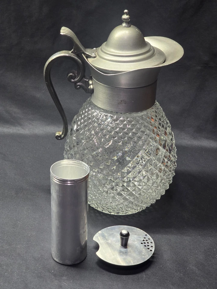 Jarro decantador vintage 2 qt garrafa em cristal pesado e estanho com câmara de gelo - Imagem 1 de 4
