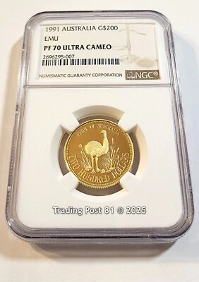1991 AUSTRALIA - EMU Gold Coin - A$200 - RARE TOP POP - NGC PF 70 Ultra Cameo - Image 1 of 3