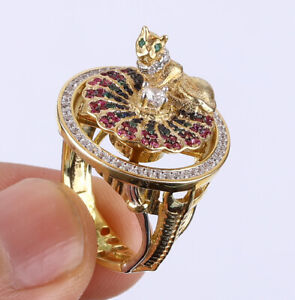 TURNING LION RUBY GOLD COLORED OVER STERLING SILVER RING SIZE 7 #11469